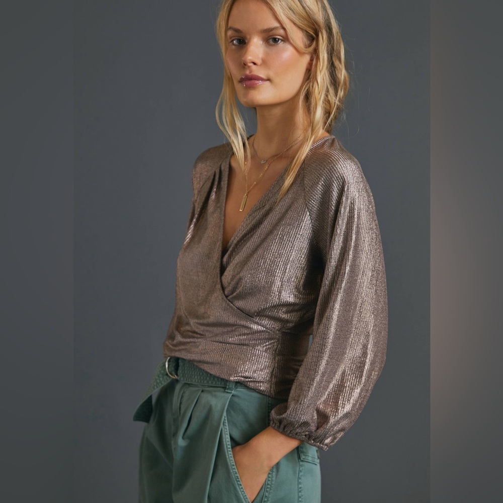 New Anthropologie Long Sleeve Top Luanne Shimmer Surplice Top Size Large